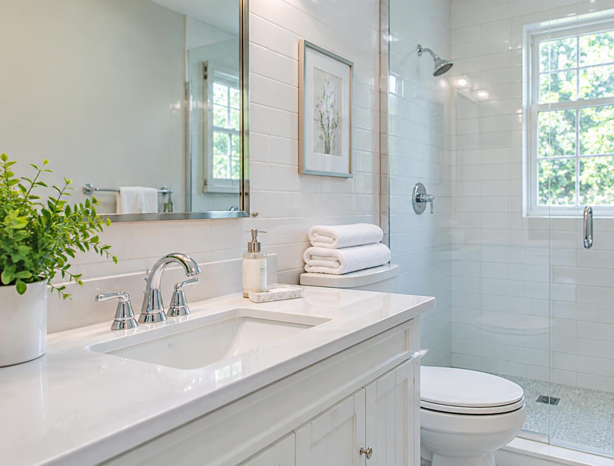 Fresh, clean bathroom with folded towels — representative cleaning imagery