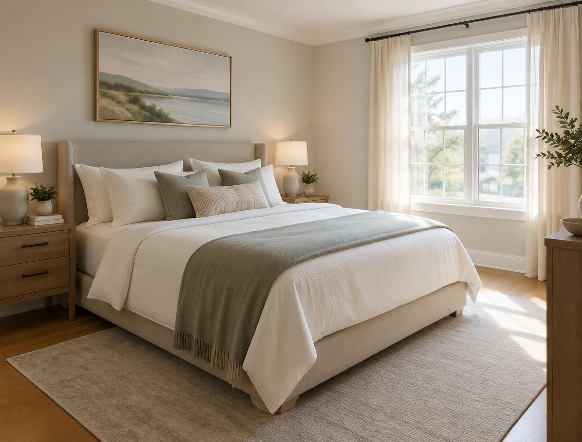 Neat bedroom with a made bed and clean floors — representative cleaning imagery